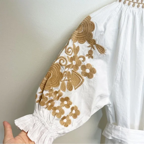 Julia Amory Short Sleeve Coatue Caftan Camel Embroidered Midi Dress - Picture 9 of 11